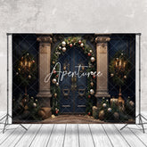 Aperturee - Blue Vintage Door Green Leaves Christmas Backdrop